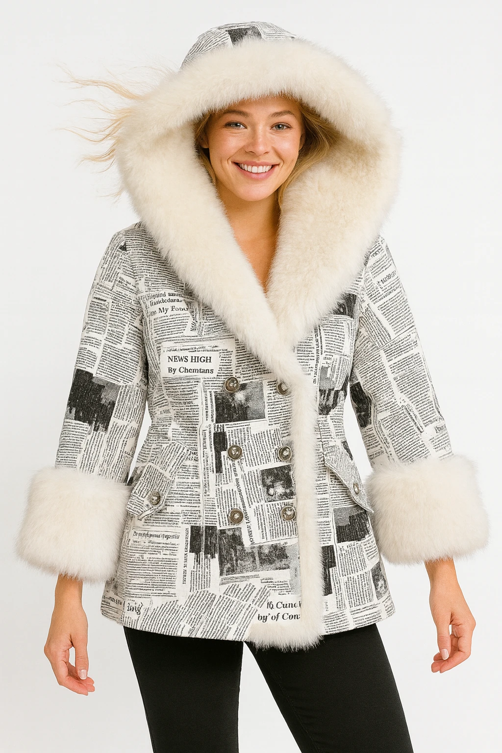 İtalyan Gazete Desenli Ceket - BEYAZ
