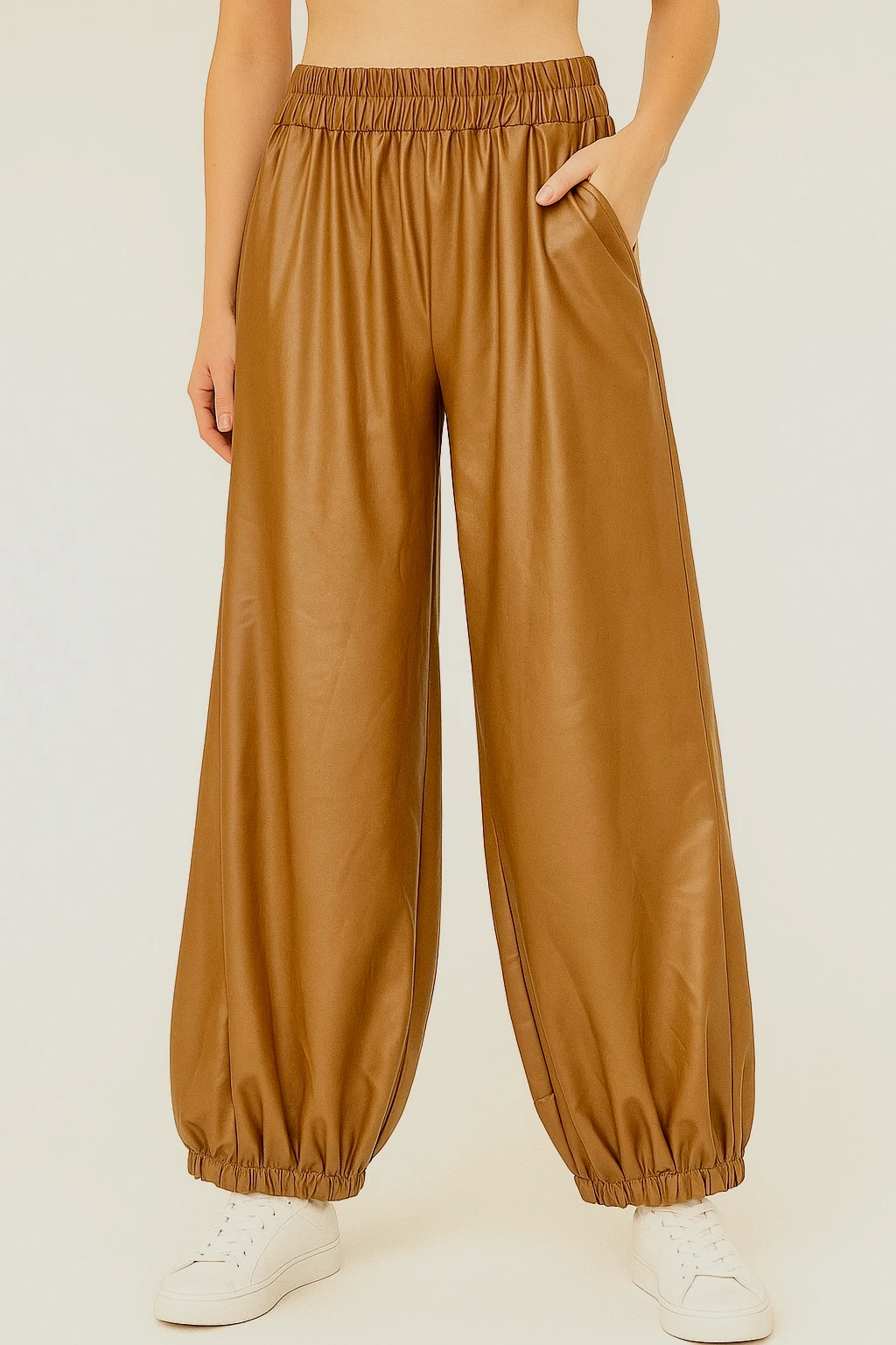 İtalyan Lastik Paça Deri Pantolon - BAKIR