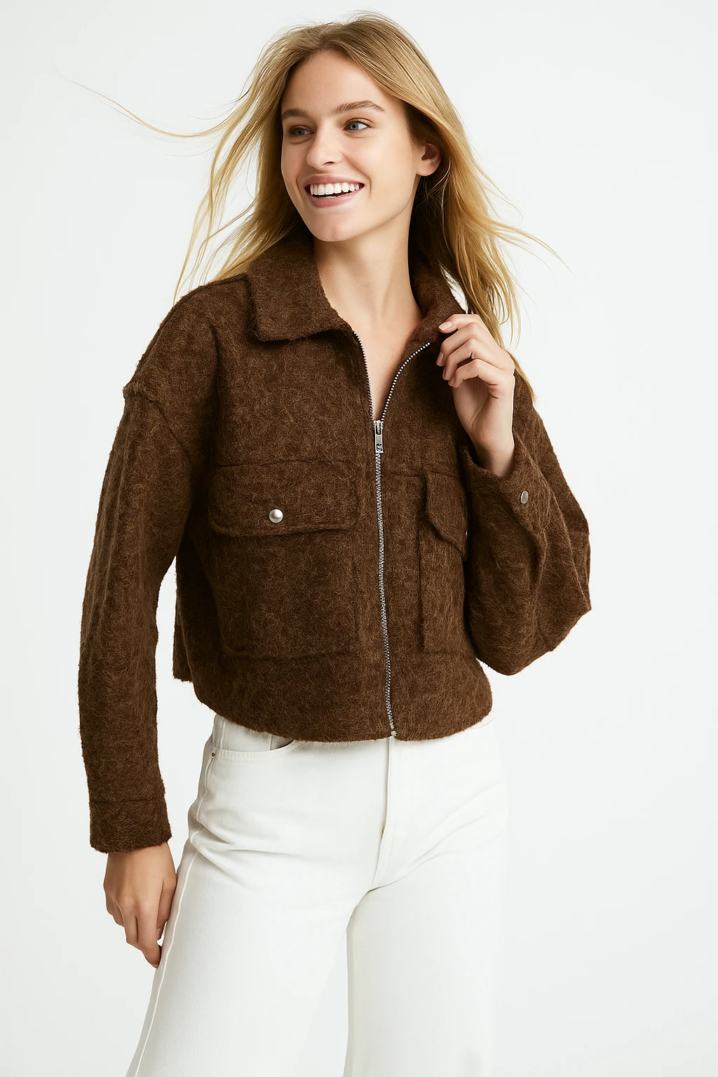 İtalyan Fermuarlı Keçe Ceket - KAHVERENGİ