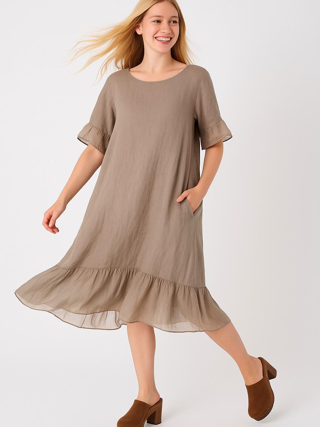 İtalyan Keten İpek Detaylı Elbise - VİZON