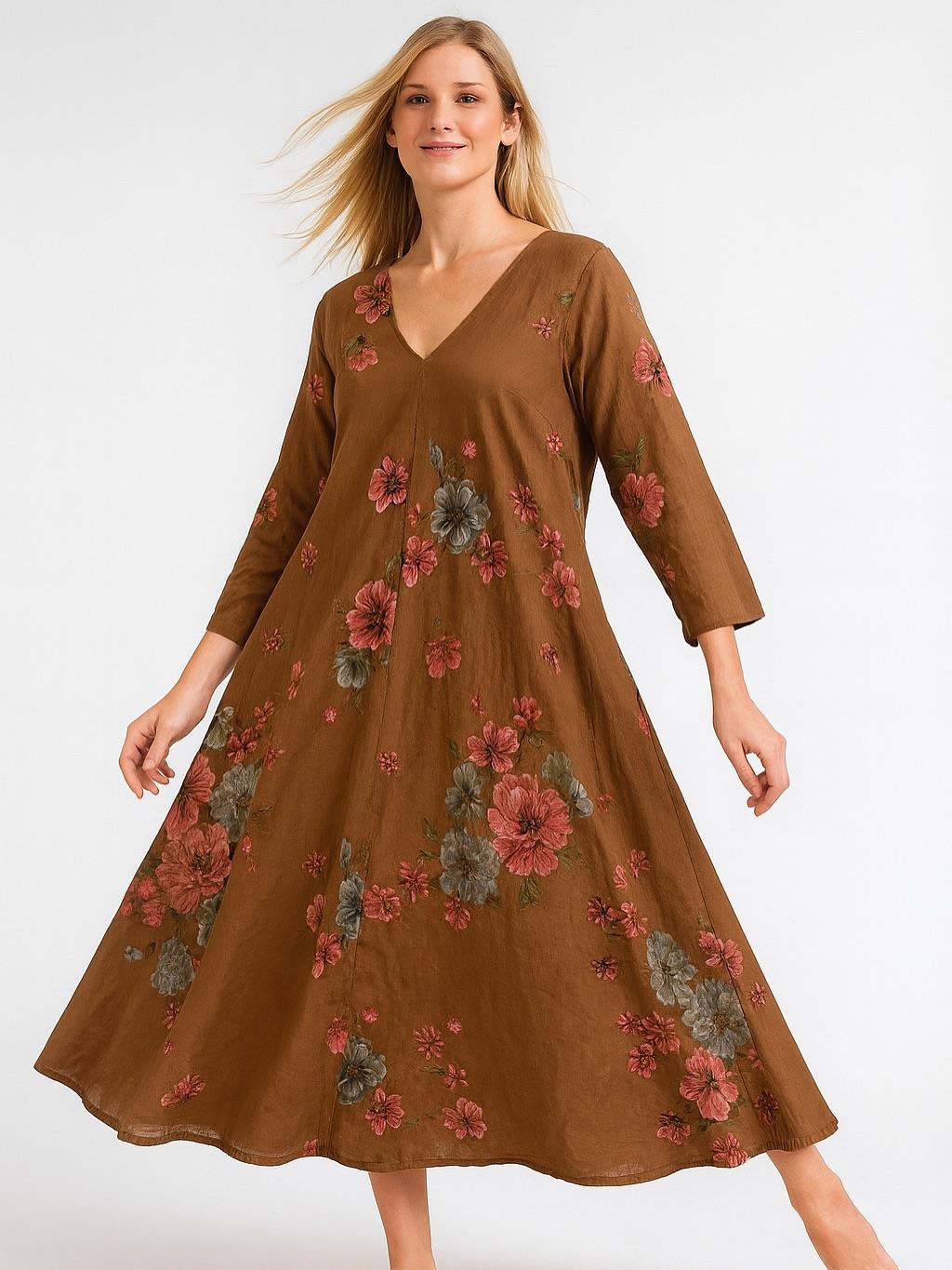 İtalyan Keten Çiçek Desenli Elbise - KİREMİT