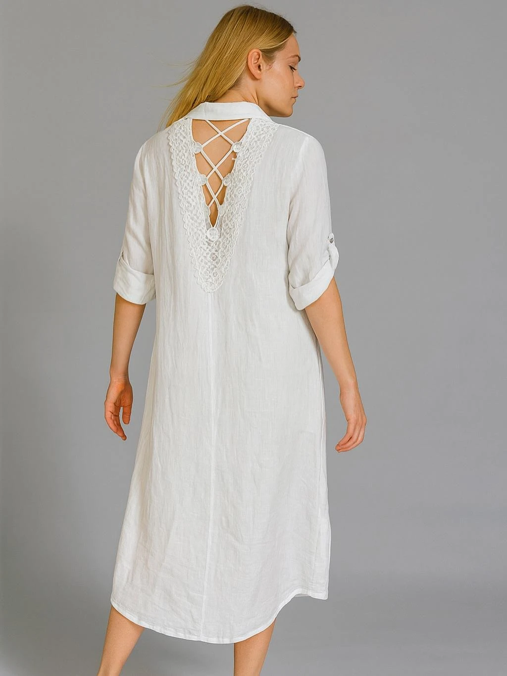 İtalyan Keten Sırtı Dantelli Elbise - BEYAZ