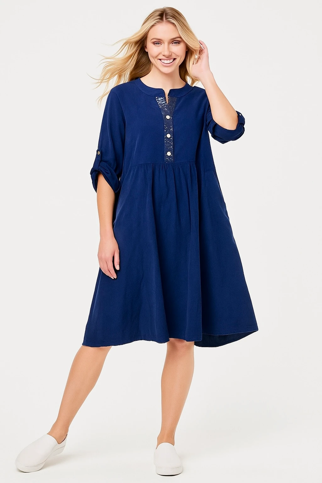 İtalyan Pul Payet Detaylı Kadife Elbise - LACİVERT