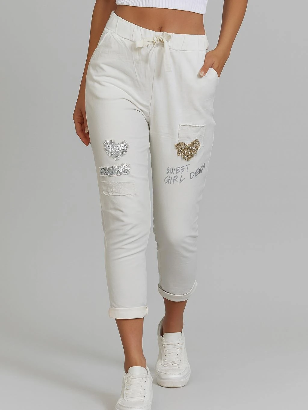 İtalyan Pul Payet Kalp Detaylı Likralı Pantolon - BEYAZ