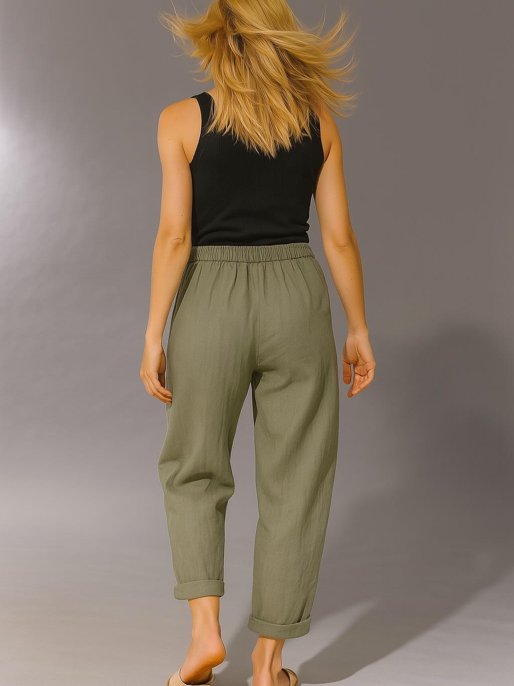 İtalyan Keten Havuç Model Pantolon - HAKİ