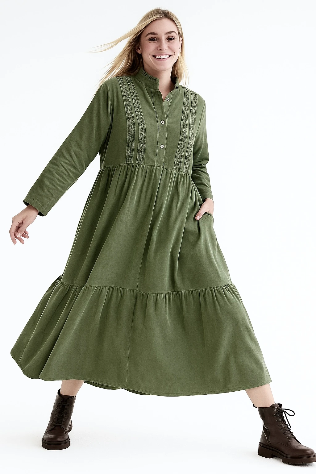 İtalyan Düğme Detaylı Kadife Elbise - HAKİ