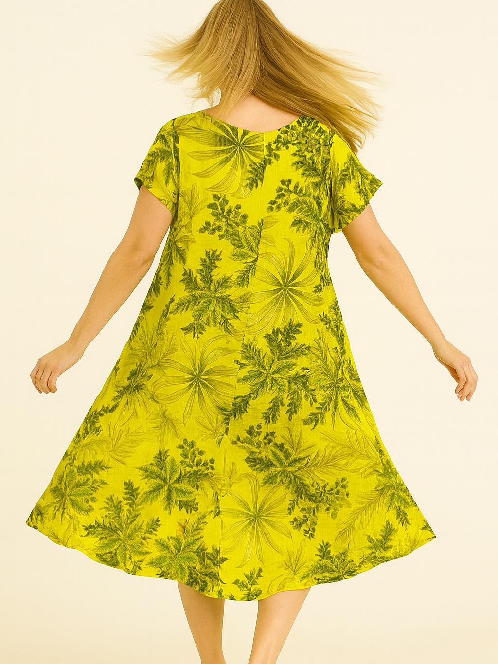 İtalyan Keten Yaprak Desen Elbise - SARI