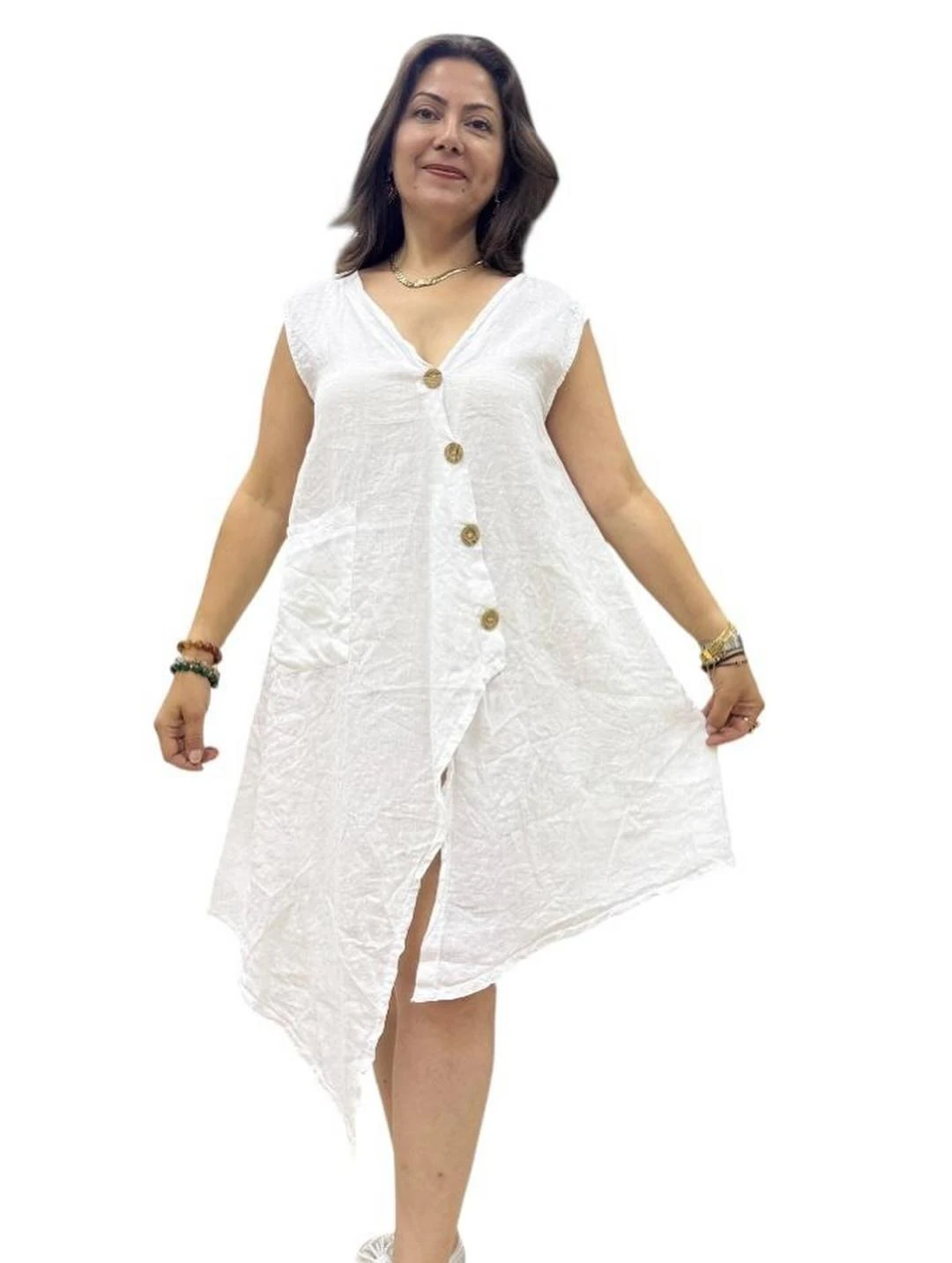 İtalyan Keten Tasarım Elbise - BEYAZ
