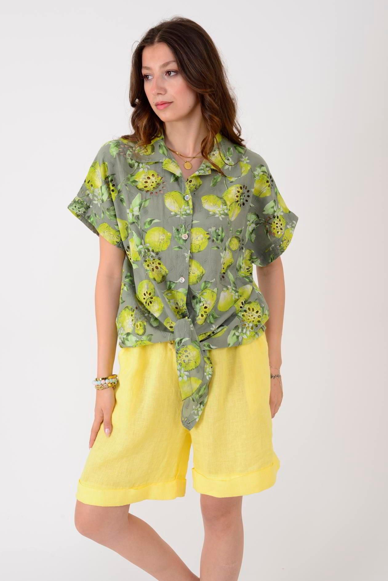 İtalyan Limon Desen Fistolu Bluz - HAKİ