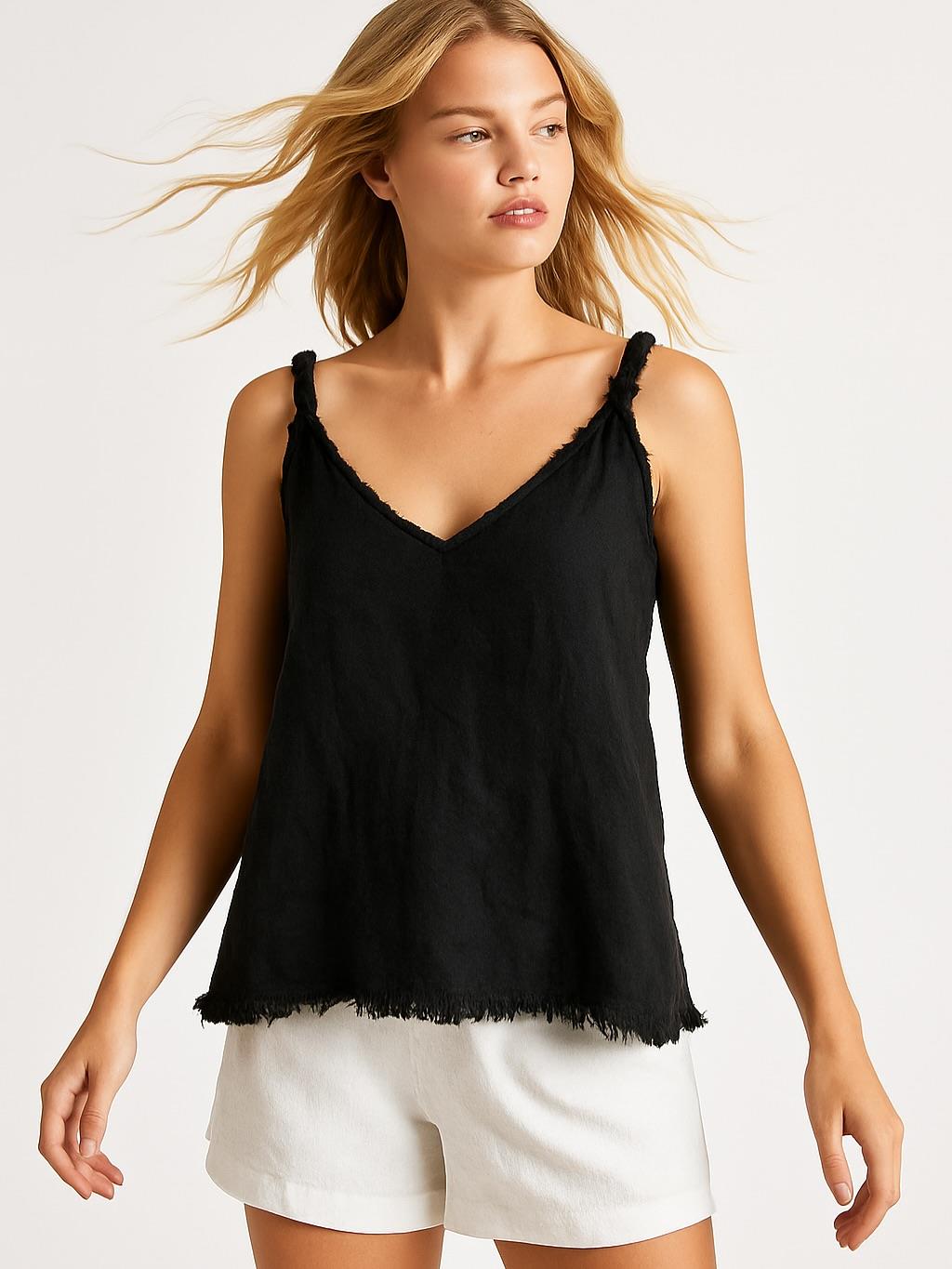 İtalyan Keten Askılı Bluz - SİYAH