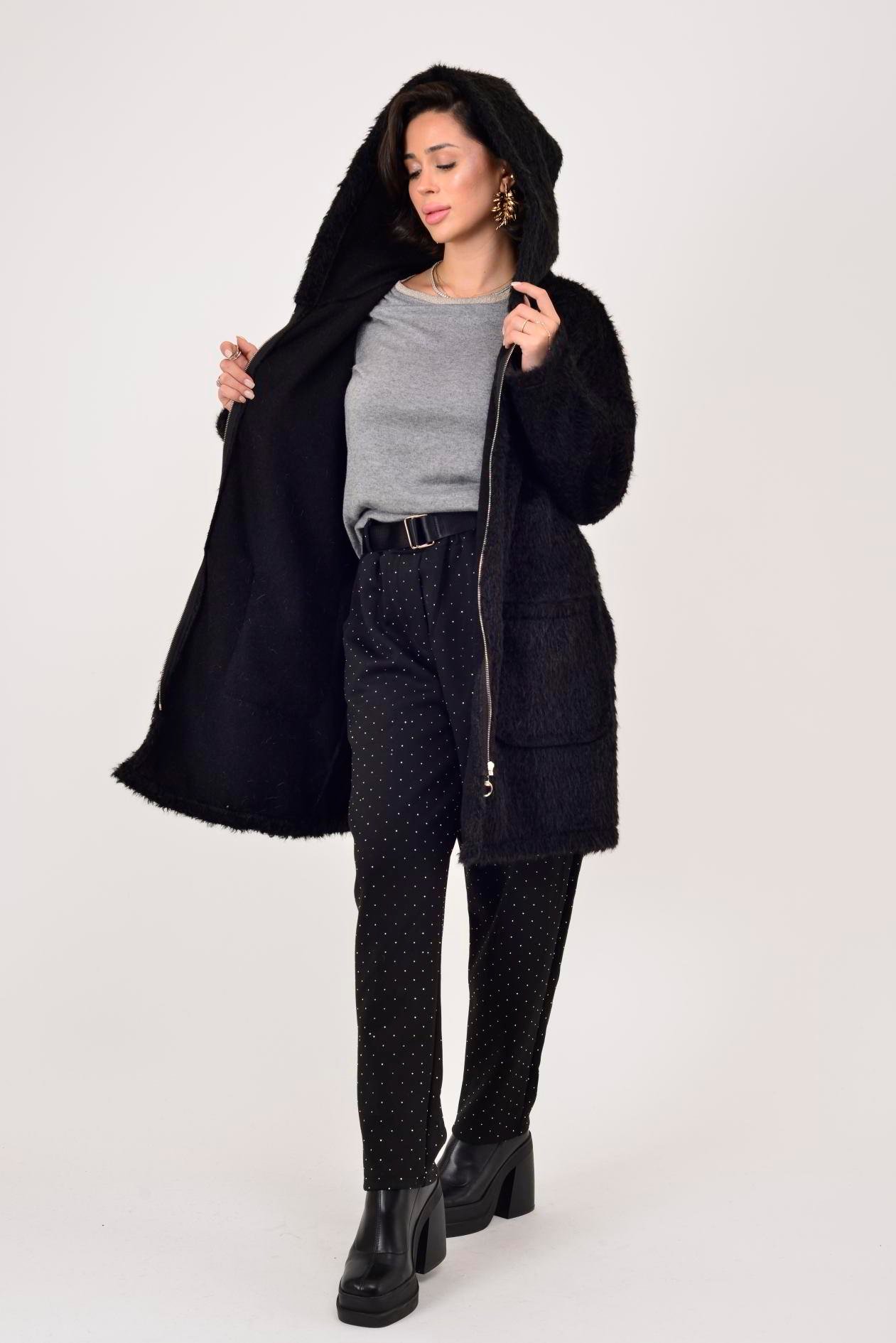 İtalyan Kapüşonlu Keçe Kaban - SİYAH