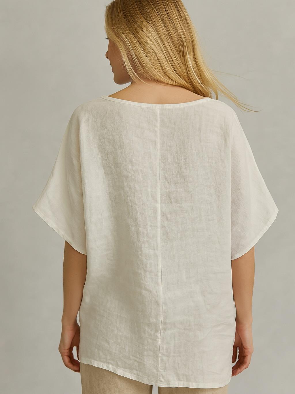 İtalyan Keten Desenli Bluz - BEYAZ