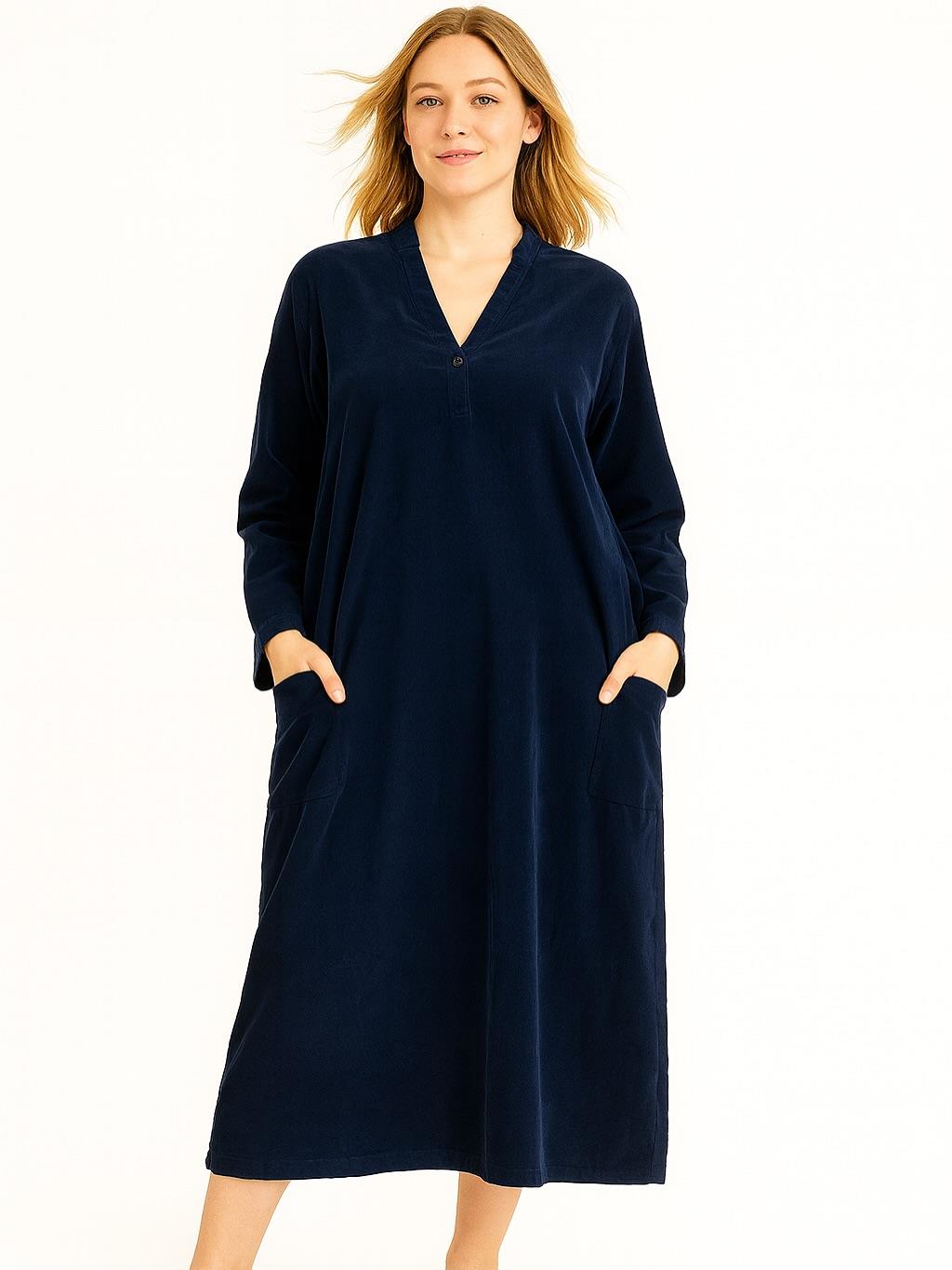 İtalyan Kadife Düğme Detaylı Elbise - LACİVERT