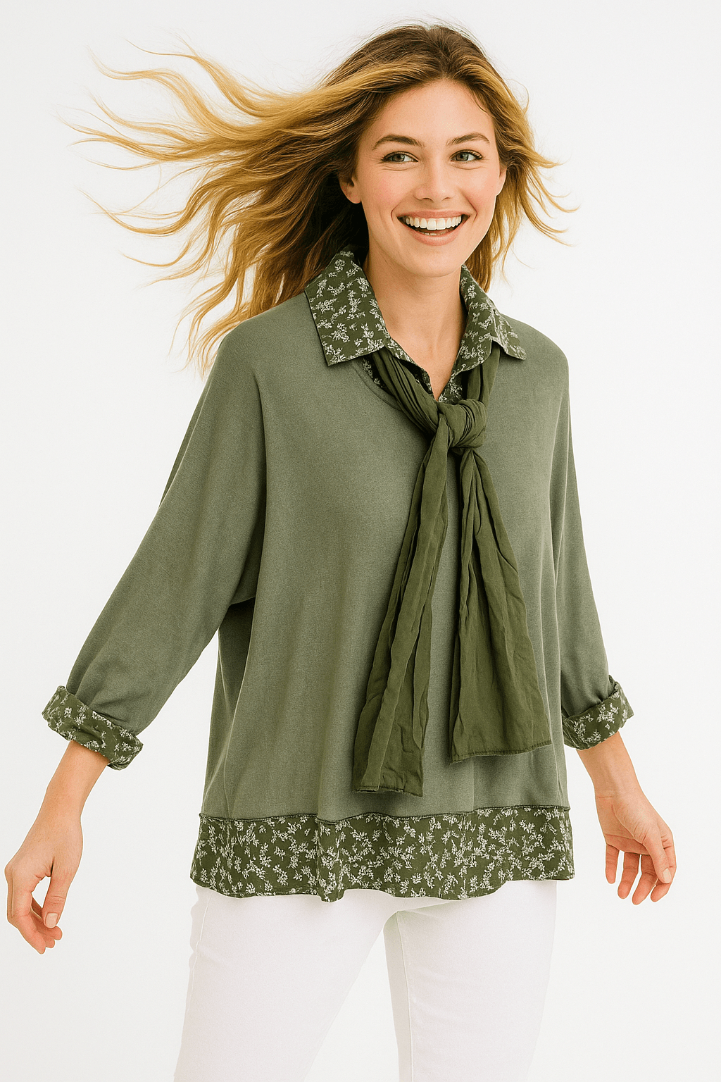 İtalyan Fularlı 3'lü Takım Bluz - HAKİ