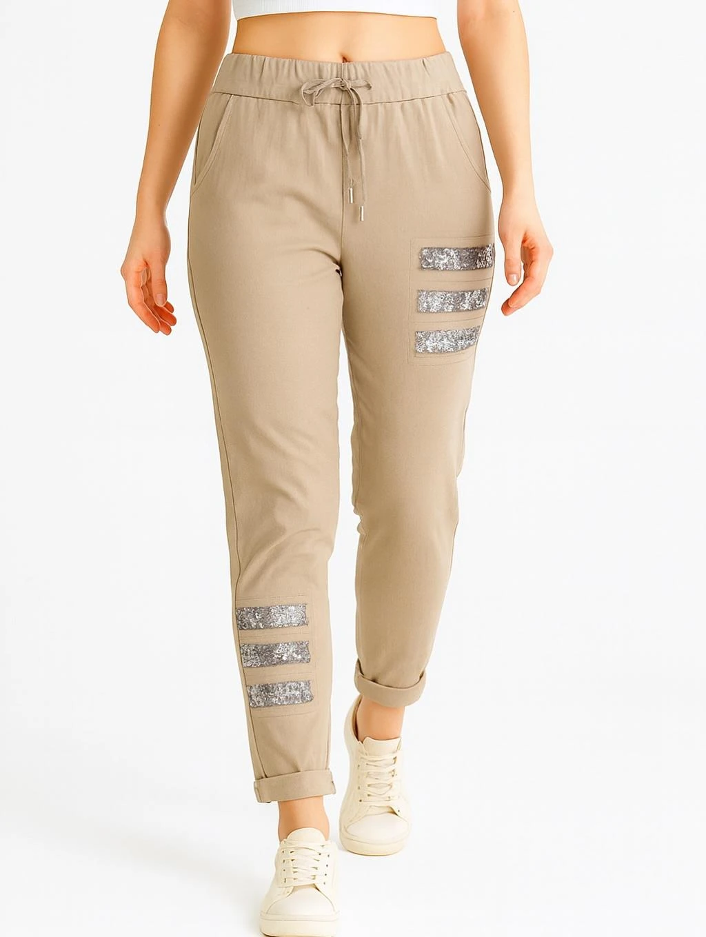 İtalyan Pul Payet Detaylı Likralı Pantolon - BEJ