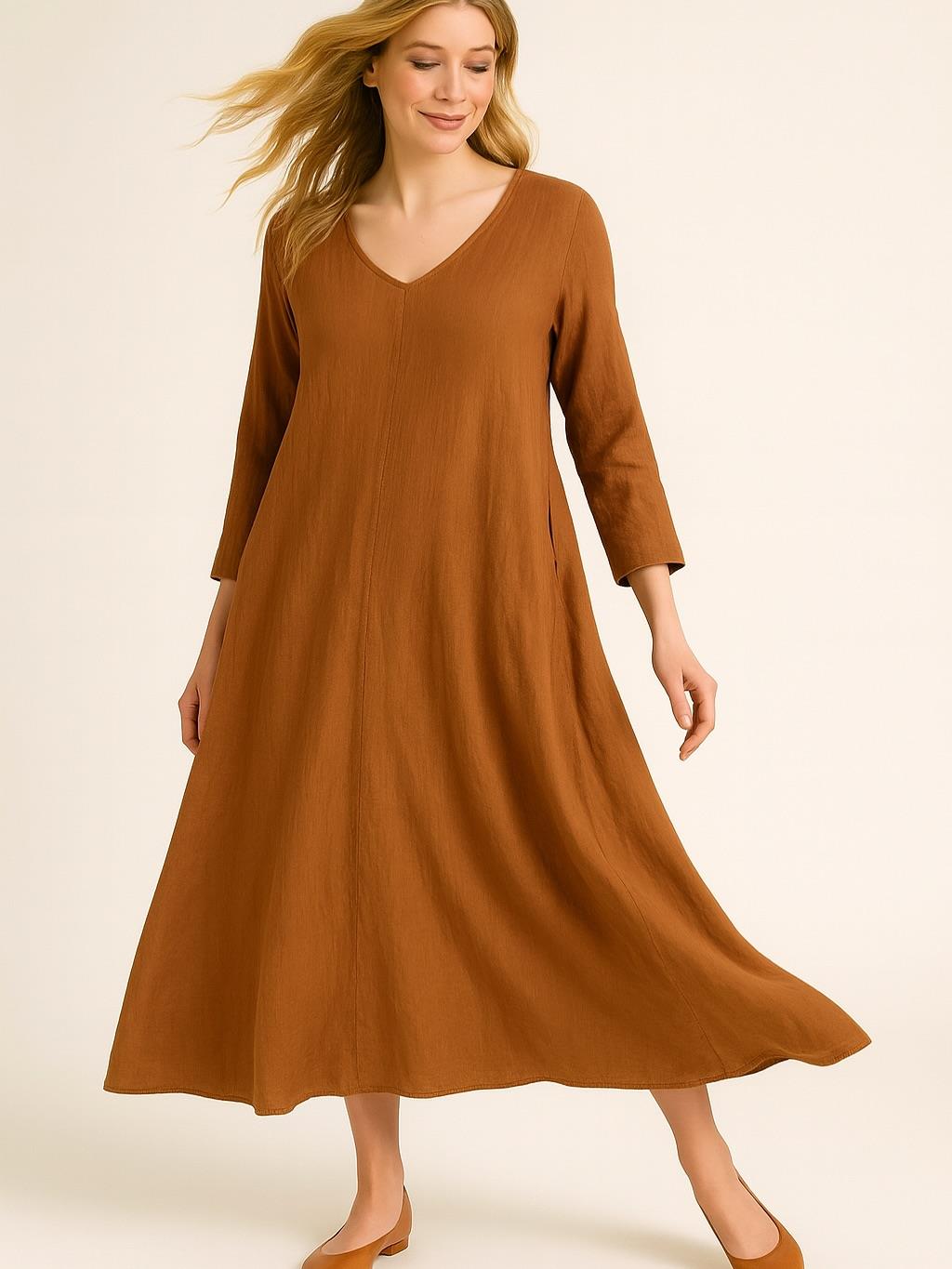 İtalyan Keten V Yaka Elbise - TUĞLA