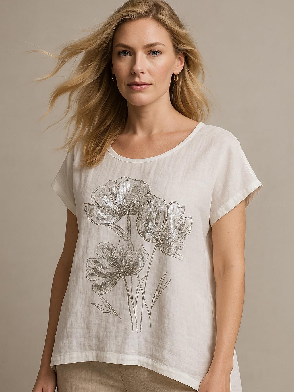İtalyan Çiçek Desenli Keten Bluz - BEYAZ