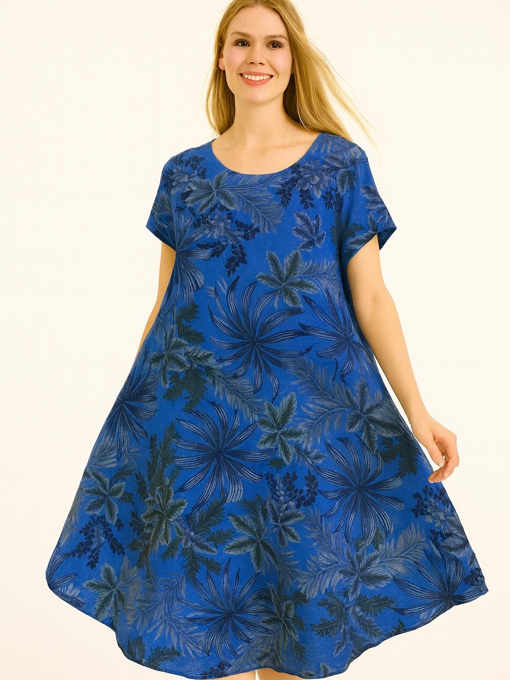 İtalyan Keten Yaprak Desen Elbise - SAKS MAVİ