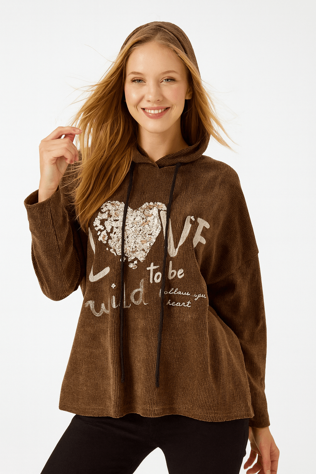 İtalyan Kadife Kapüşonlu Bluz - KAHVERENGİ