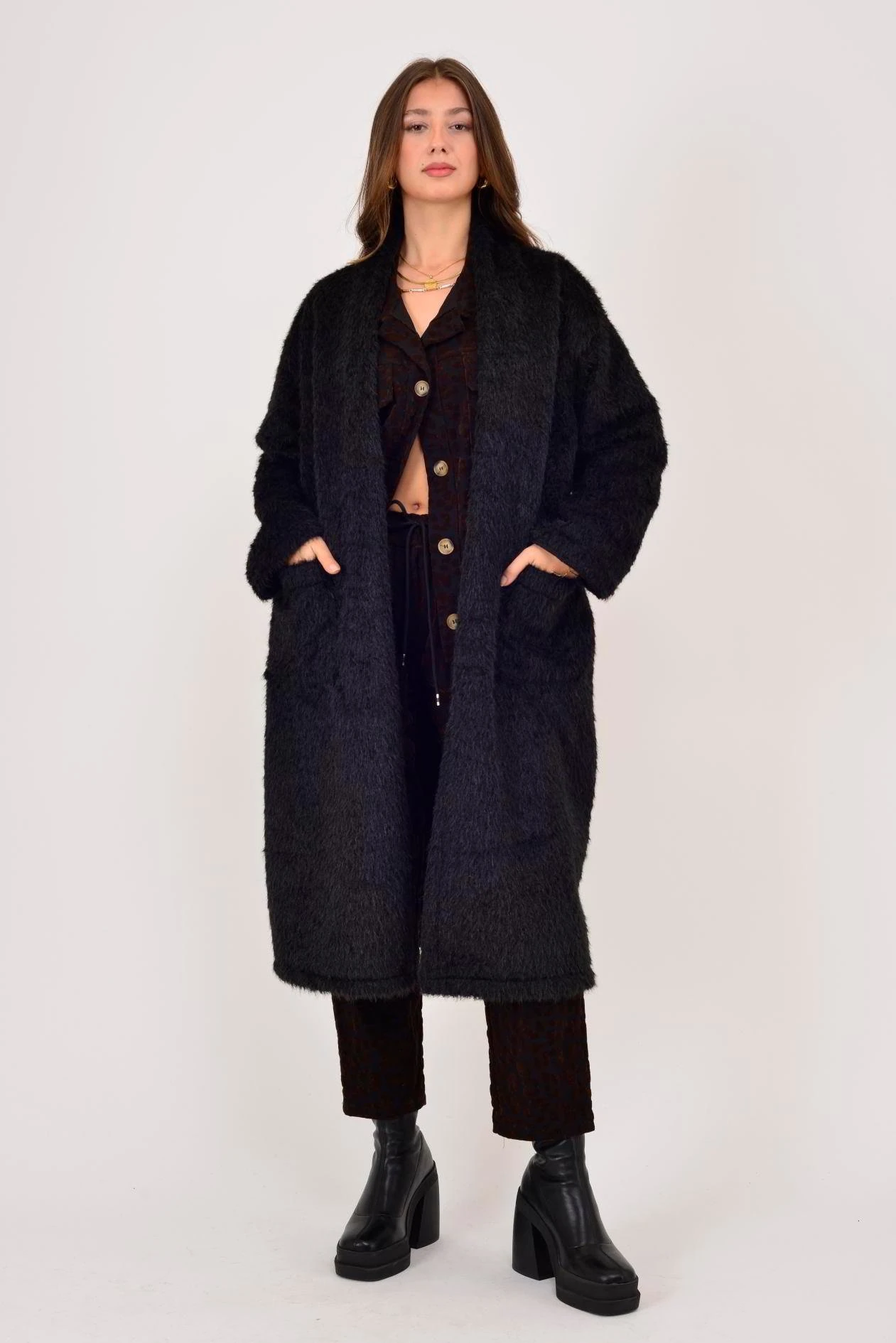 İtalyan Cep Detaylı Keçe Kaban - SİYAH