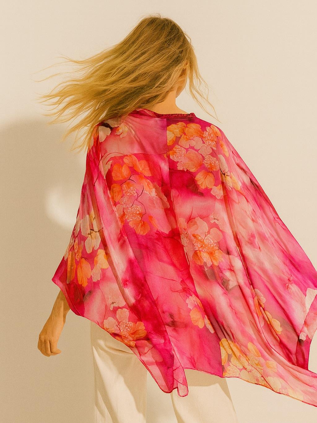 İtalyan Çiçek Desen İpek Bluz - PEMBE