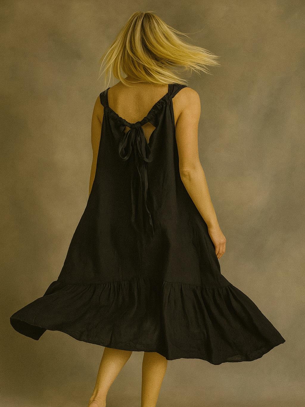 İtalyan Sırttan Bağlamalı Keten Elbise - SİYAH