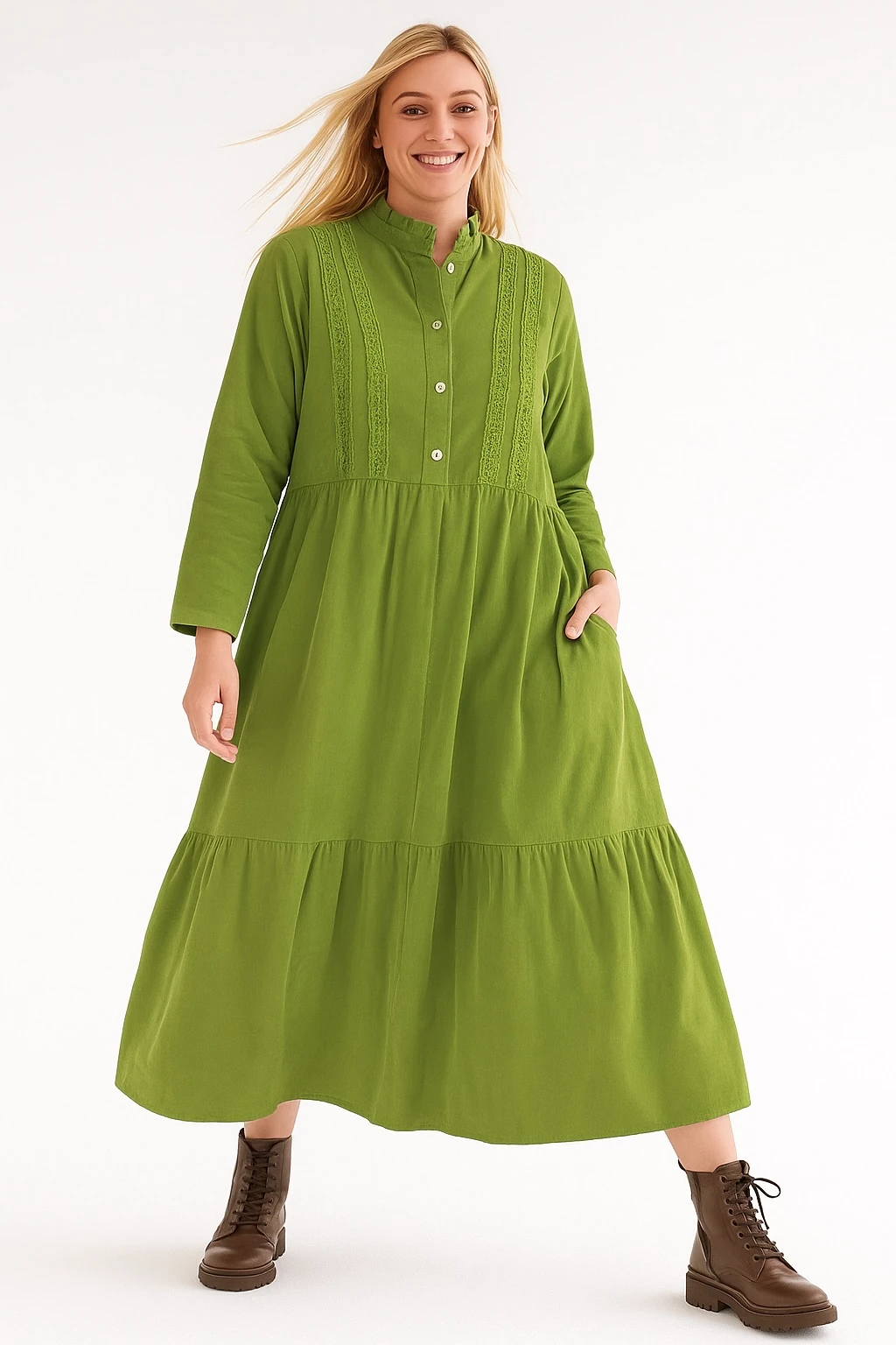 İtalyan Düğme Detaylı Kadife Elbise - YEŞİL