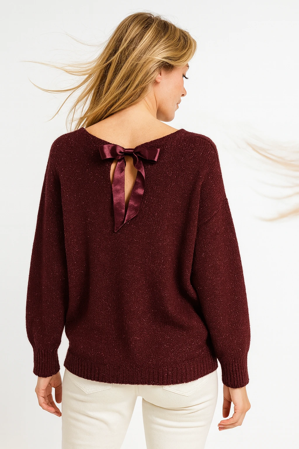 İtalyan Sırtı Kurdele Detaylı Triko Kazak - BORDO