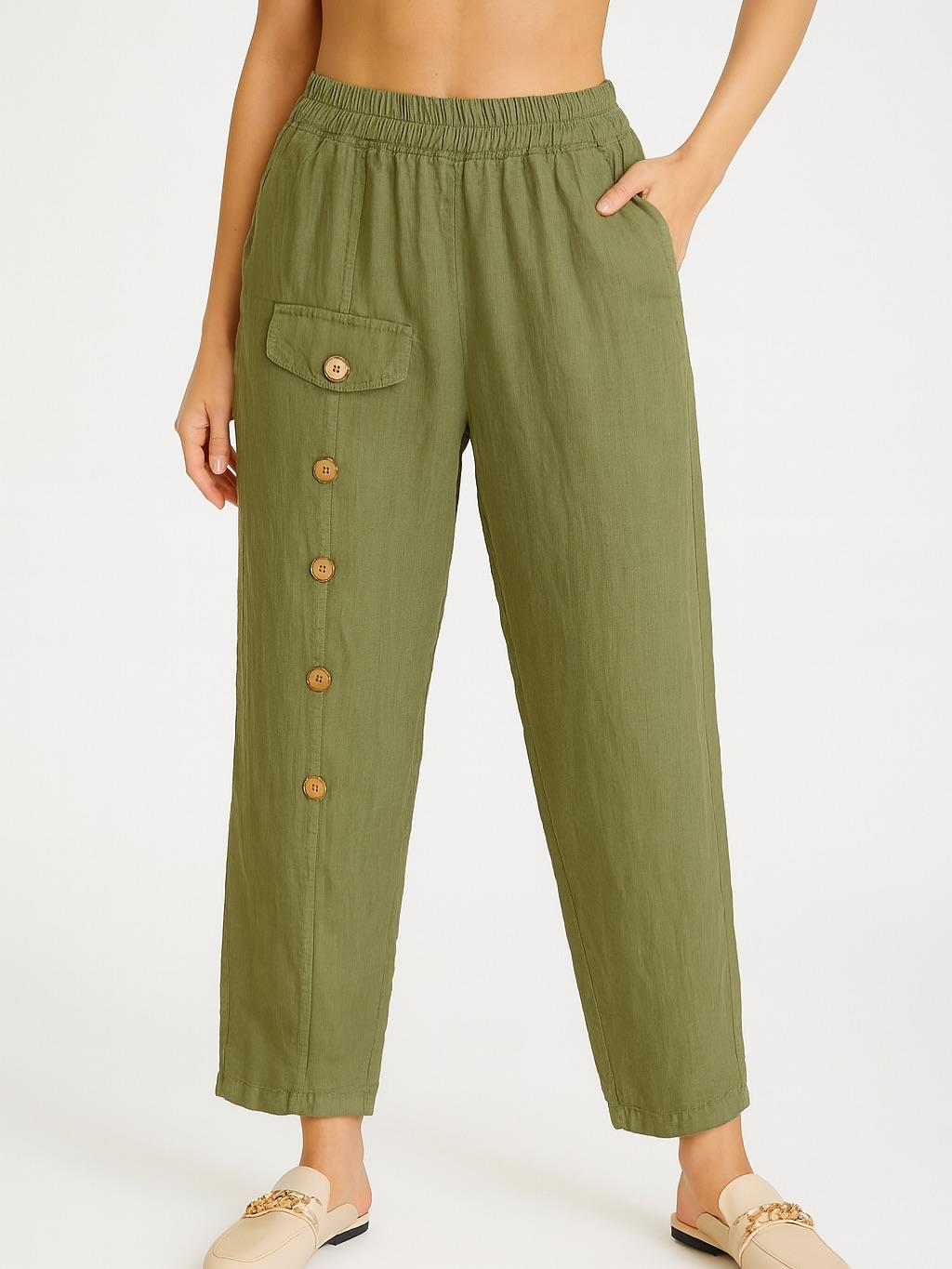 İtalyan Keten Düğme Detaylı Pantolon - HAKİ