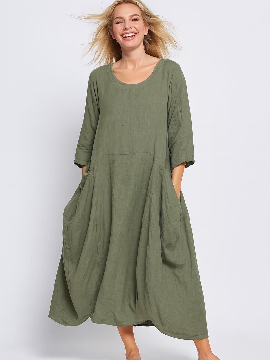 İtalyan Keten Cep Detaylı Elbise - HAKİ