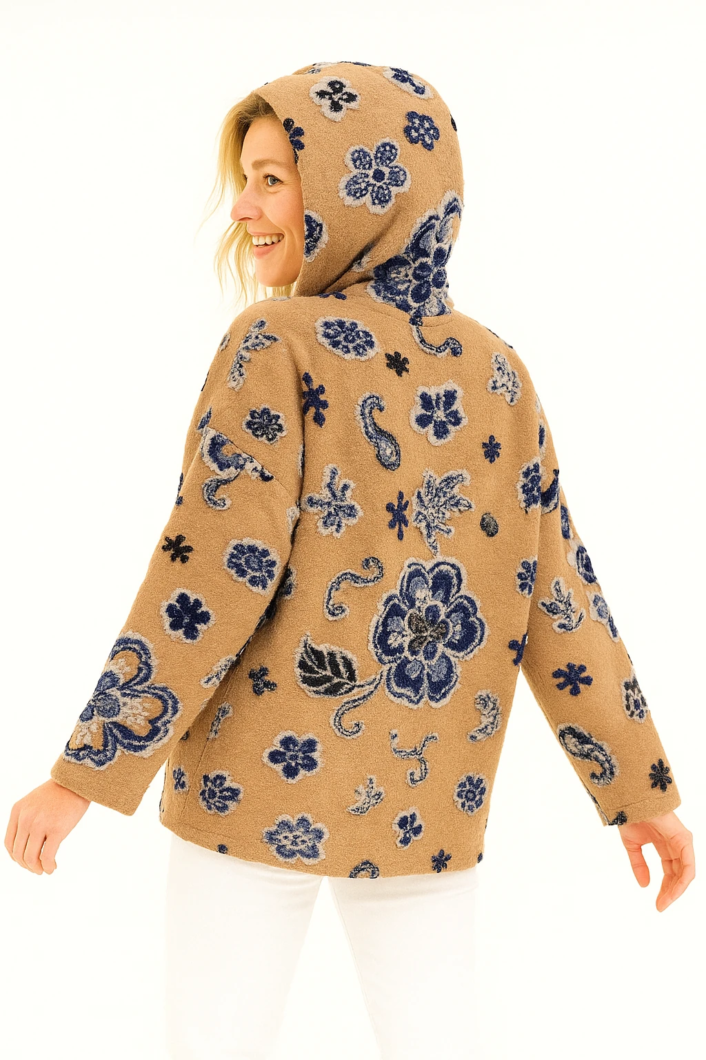 İtalyan Çiçek Tasarımlı Kapüşonlu Keçe Kaban - BAL