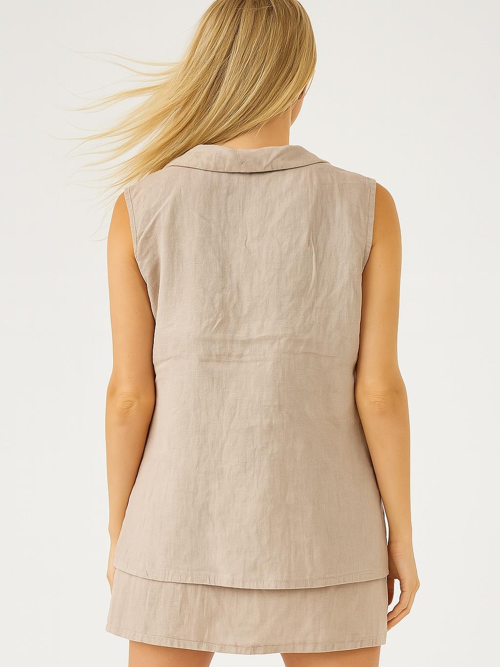 İtalyan Kravuze Keten Yelek - BEJ