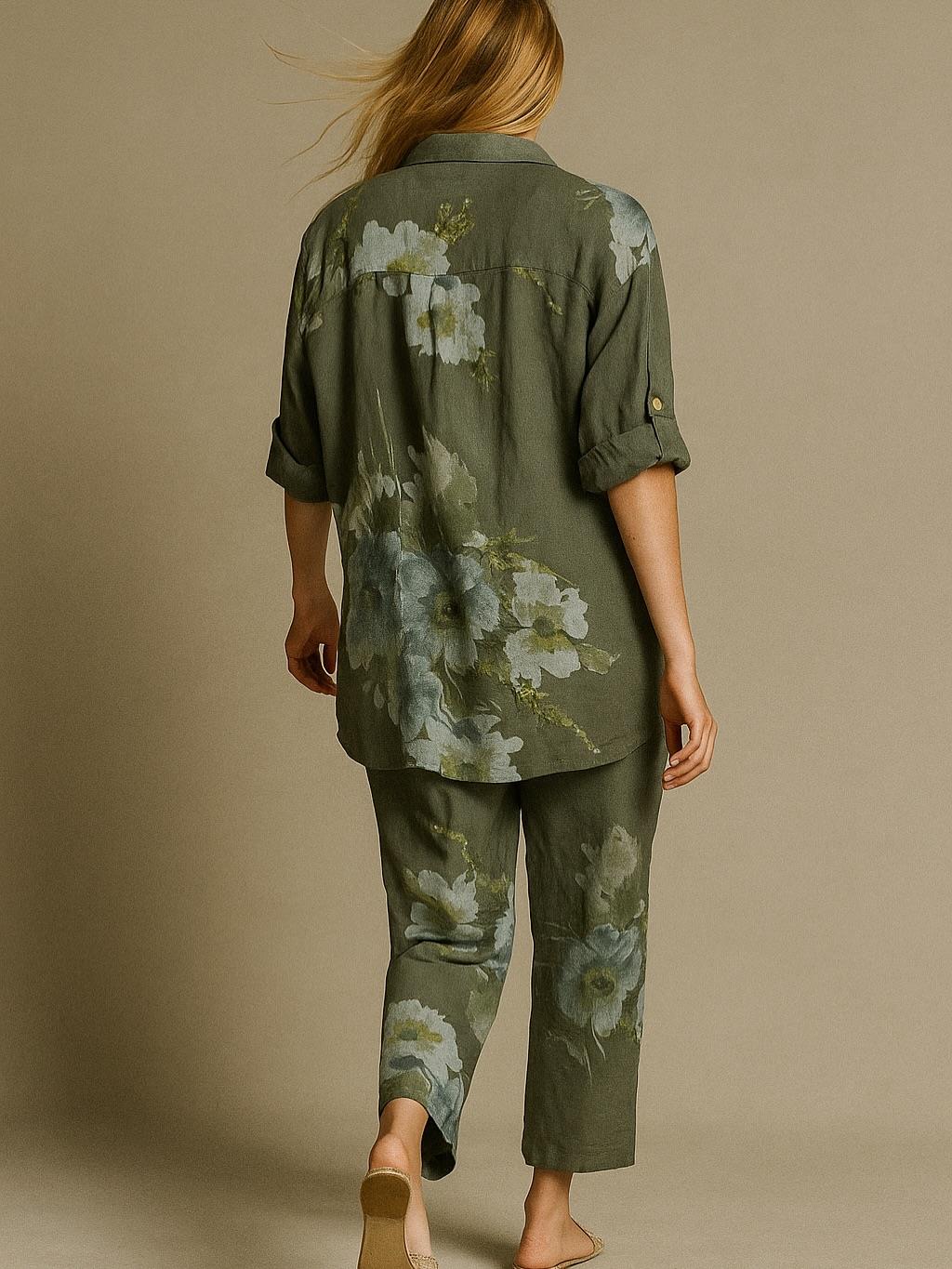 İtalyan Çiçek Desenli Keten Takım - HAKİ