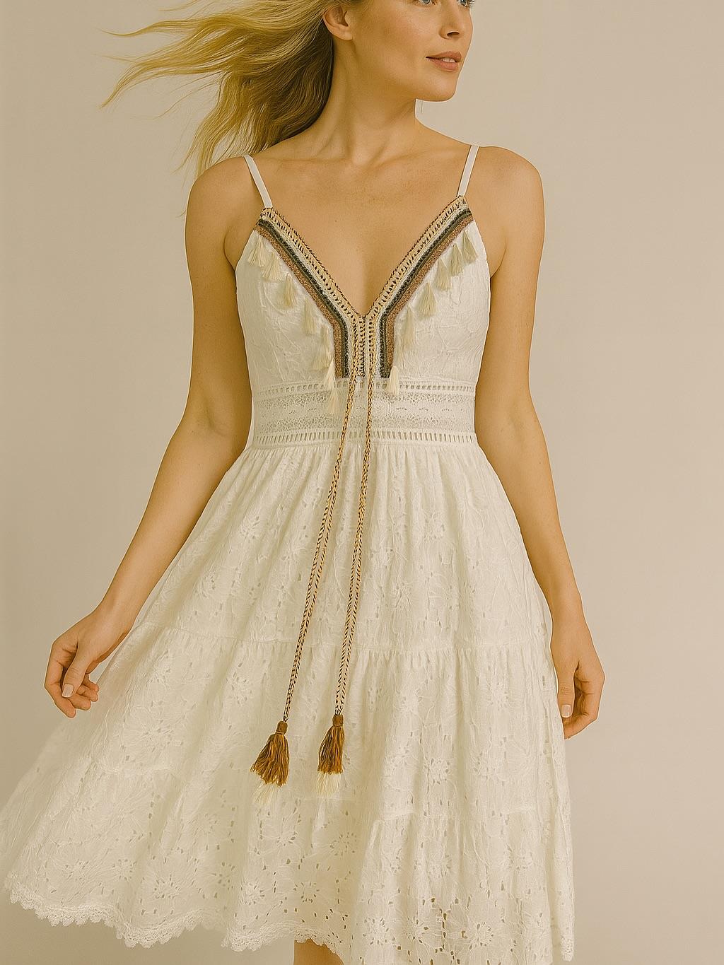 İtalyan Özel Tasarım Dantel Elbise - BEYAZ