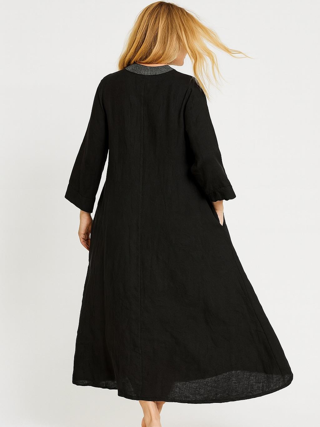 İtalyan Keten Pul Payet Detaylı Elbise - SİYAH