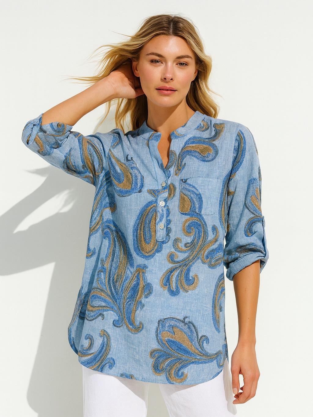 İtalyan Pamuk Keten Gömlek - MAVİ