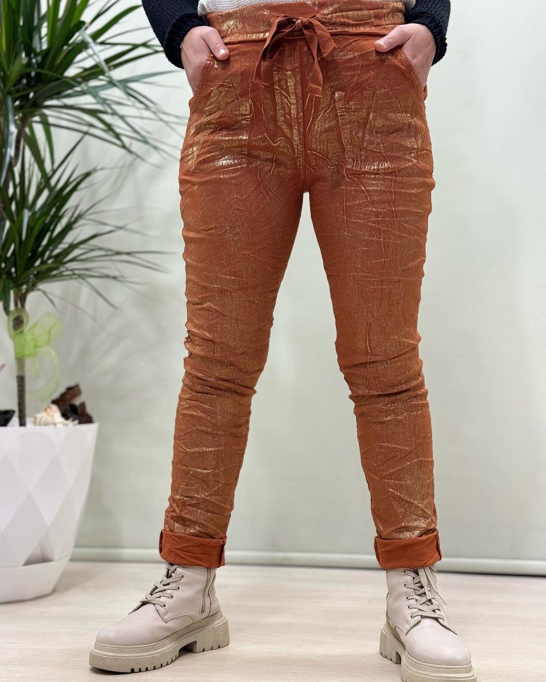 İtalyan Varak Baskılı Likralı Pantolon - TUĞLA