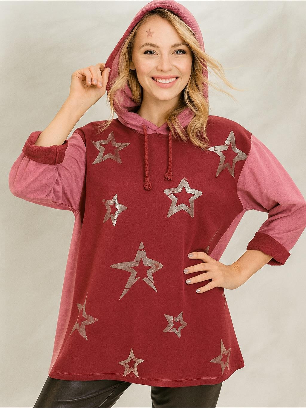 İtalyan Yıldız Desen Nubuk Bluz - BORDO