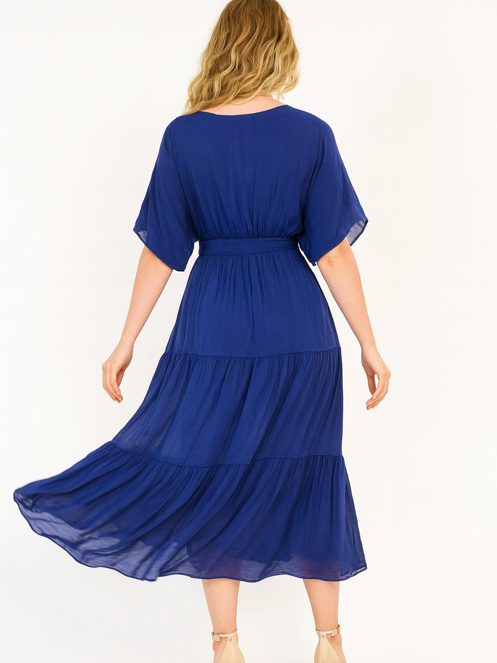 İtalyan İpek Belden Bağlamalı Elbise - SAKS MAVİ