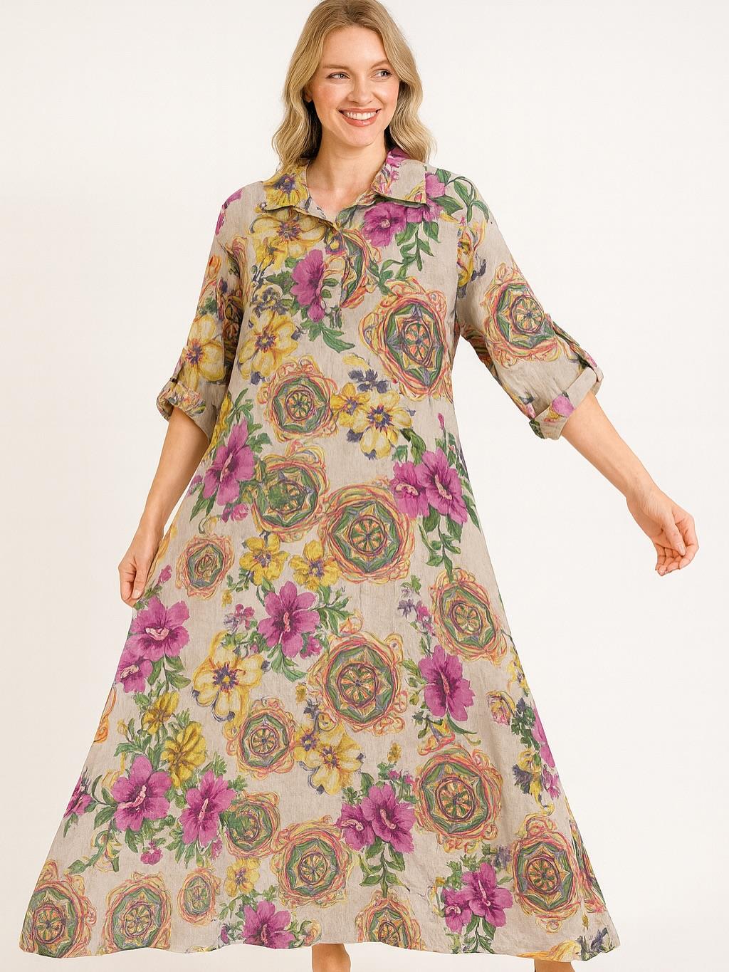 İtalyan Keten Çiçek Desenli Elbise - BEJ