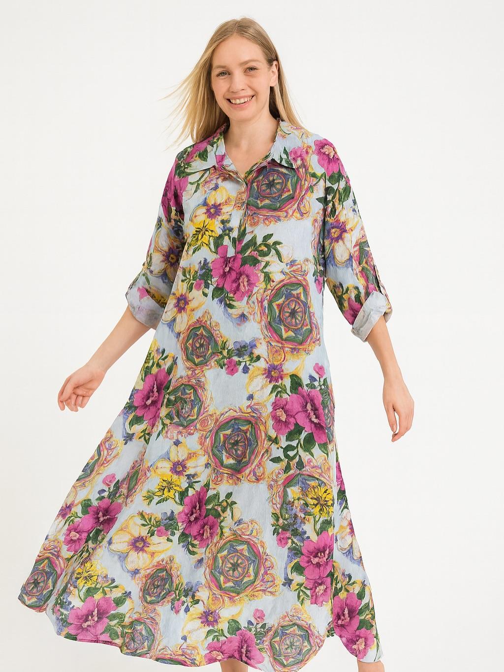 İtalyan Keten Çiçek Desenli Elbise - BUZ MAVİSİ