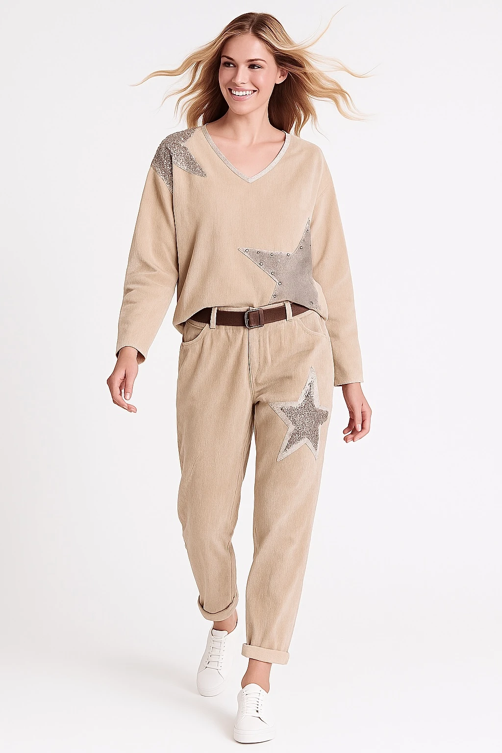 İtalyan Yıldız Detaylı Kadife Takım - BEJ