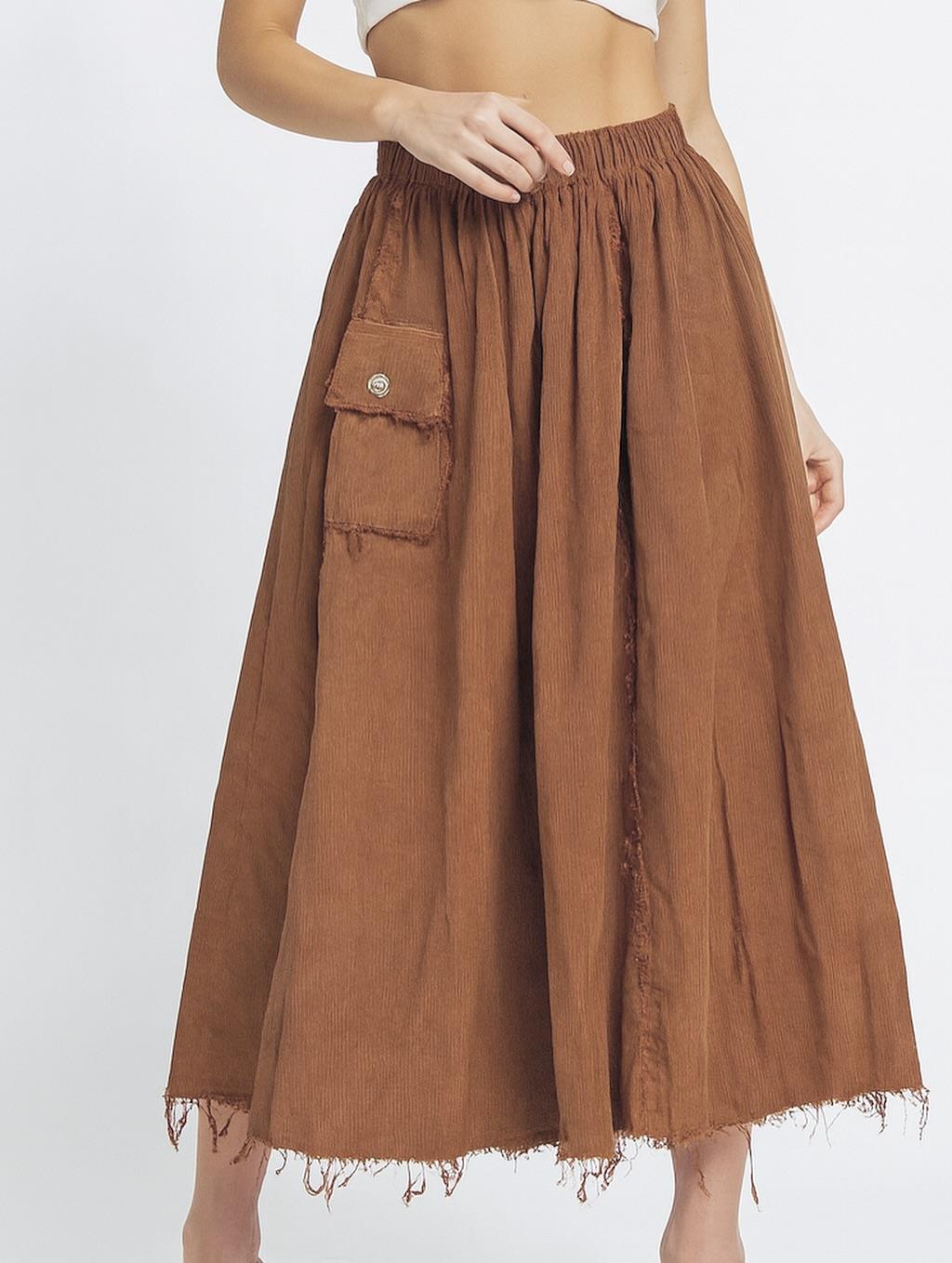 İtalyan Kadife Cepli Etek - KAHVE