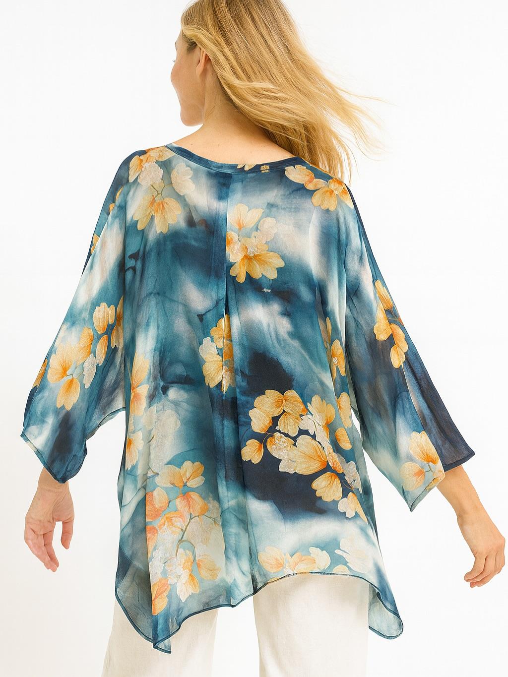 İtalyan Çiçek Desen İpek Bluz - KOYU MAVİ