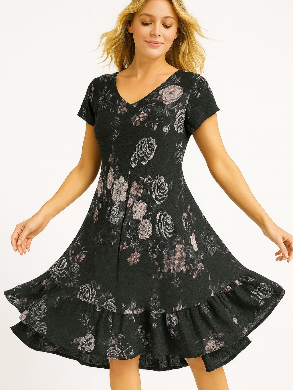 İtalyan Pamuk Keten Elbise - SİYAH