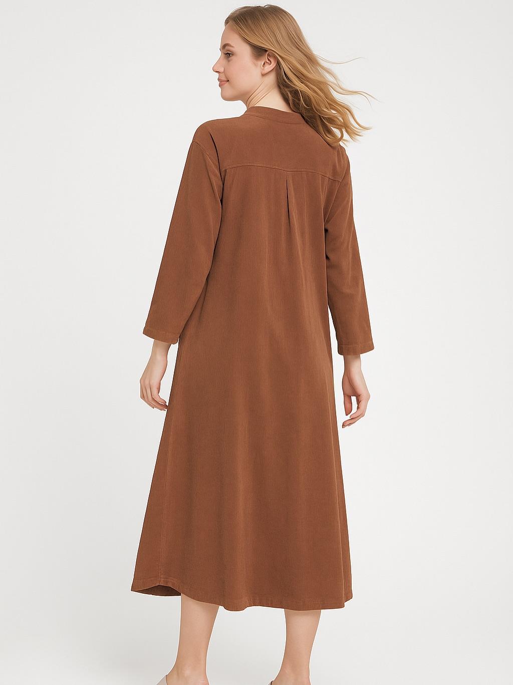 İtalyan Kadife Düğme Detaylı Elbise - AÇIK KAHVE