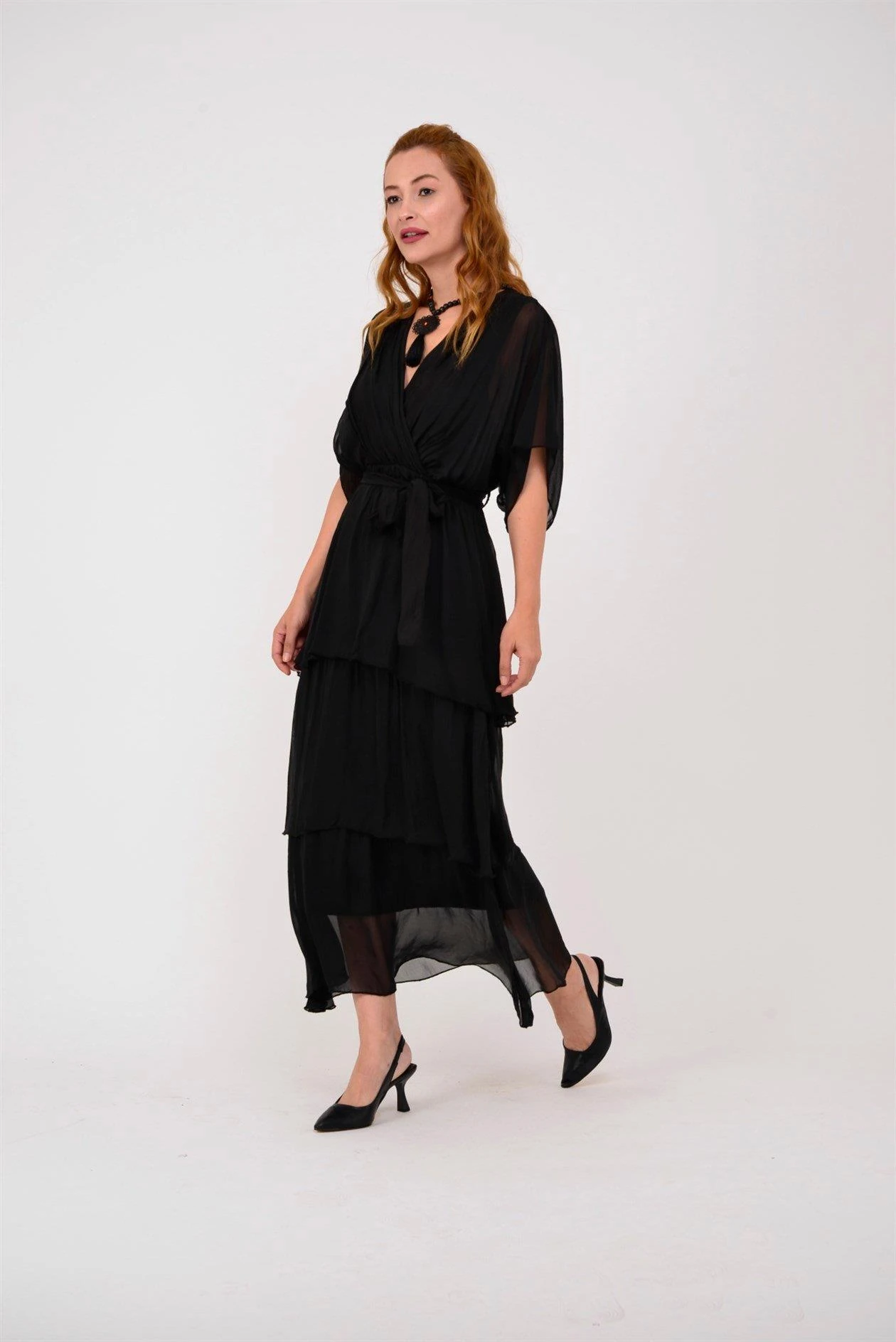 İtalyan İpek Belden Bağlamalı Elbise - SİYAH