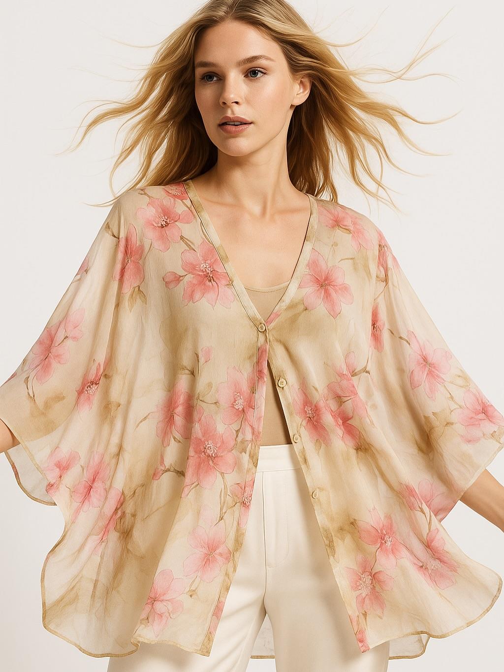 İtalyan Çiçek Desen İpek Bluz - BEJ