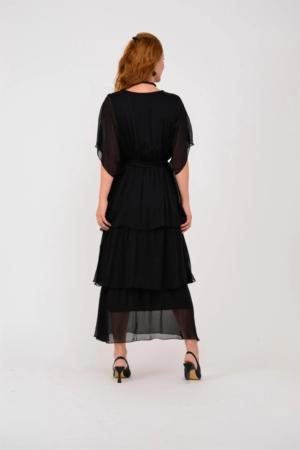 İtalyan İpek Belden Bağlamalı Elbise - SİYAH