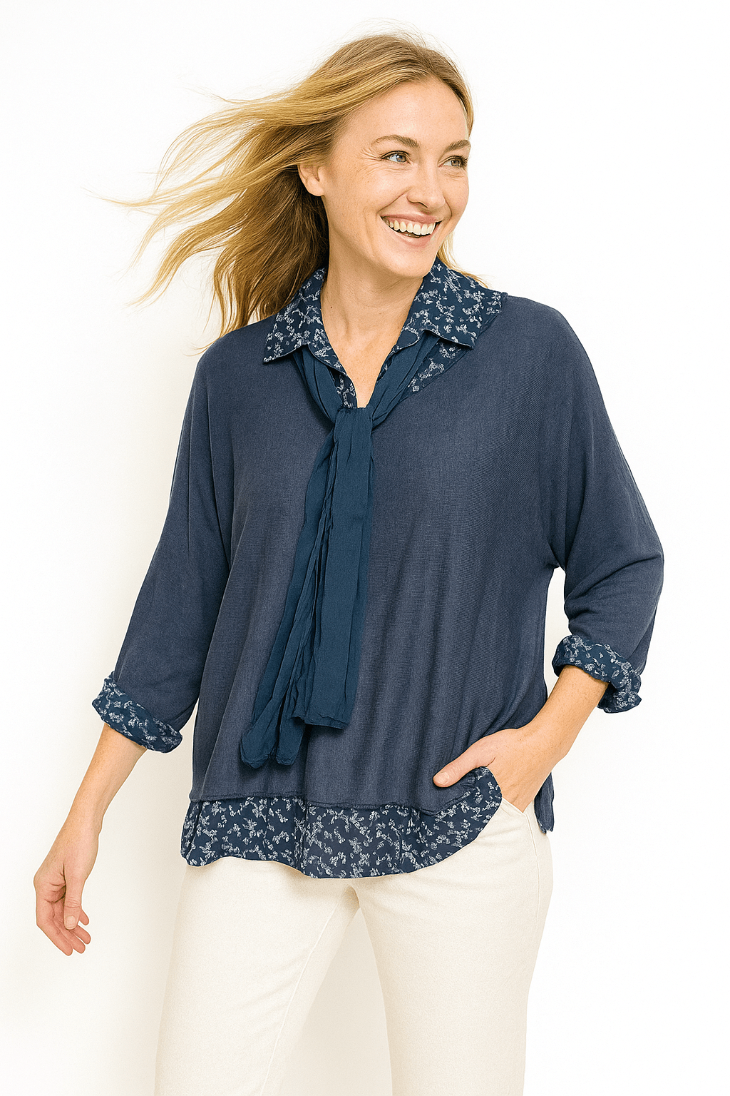 İtalyan Fularlı 3'lü Takım Bluz - LACİVERT